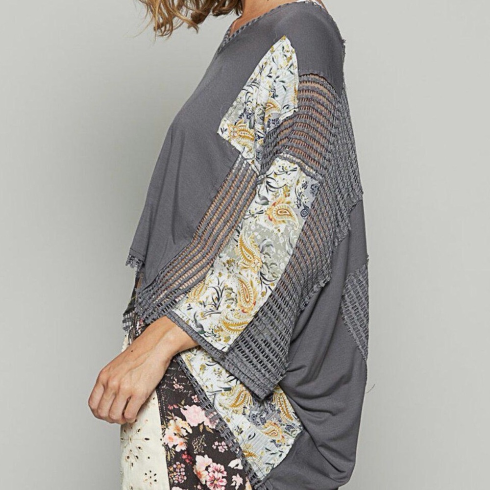 POL Gray Floral Patchwork Blouse - image 2